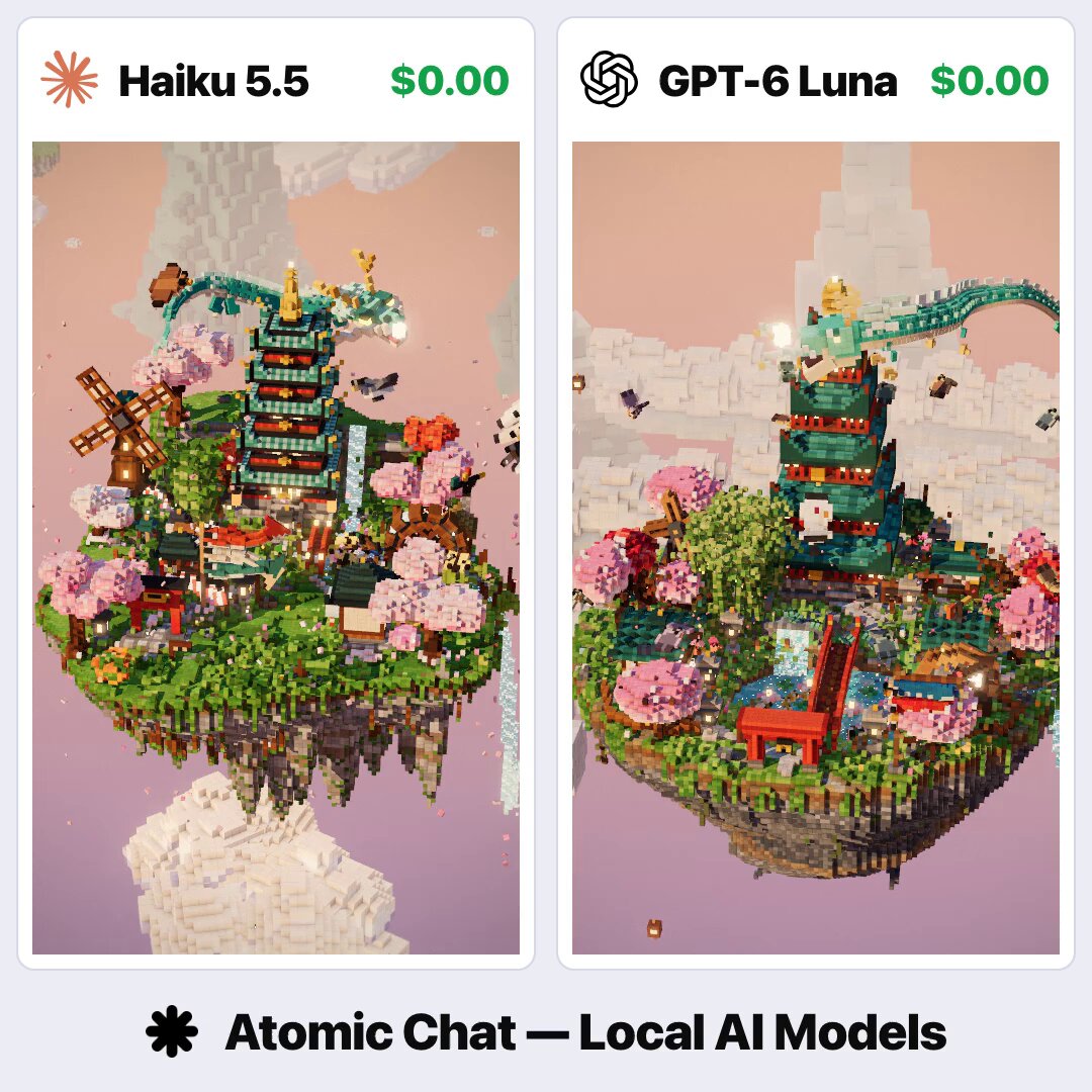 atomic.chat 原影片預覽：左 Haiku 5.5，右 GPT-6 Luna 的體素寶塔島，保留平台浮水印。